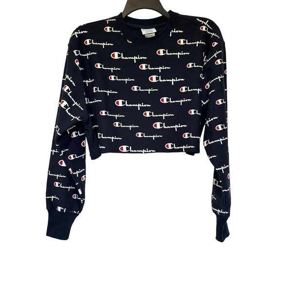 Champion Reverse Weave Sweatshirt Womens Size L Navy Blue Cutoff Cropped Boxy - Picture 6 of 7